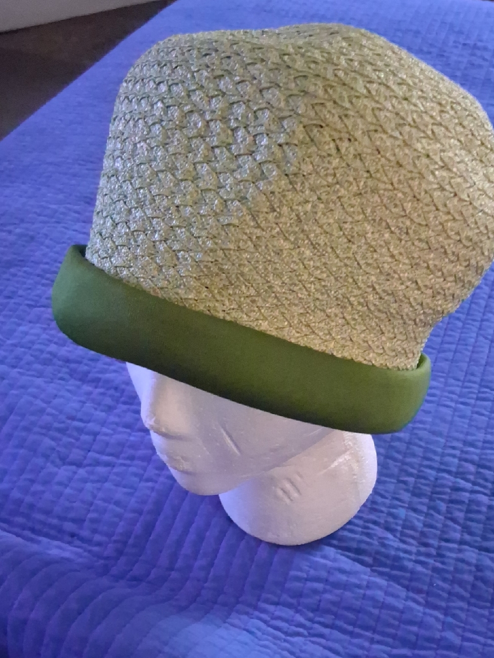 Light Green Straw Cloche Hat with Olive Green Trim